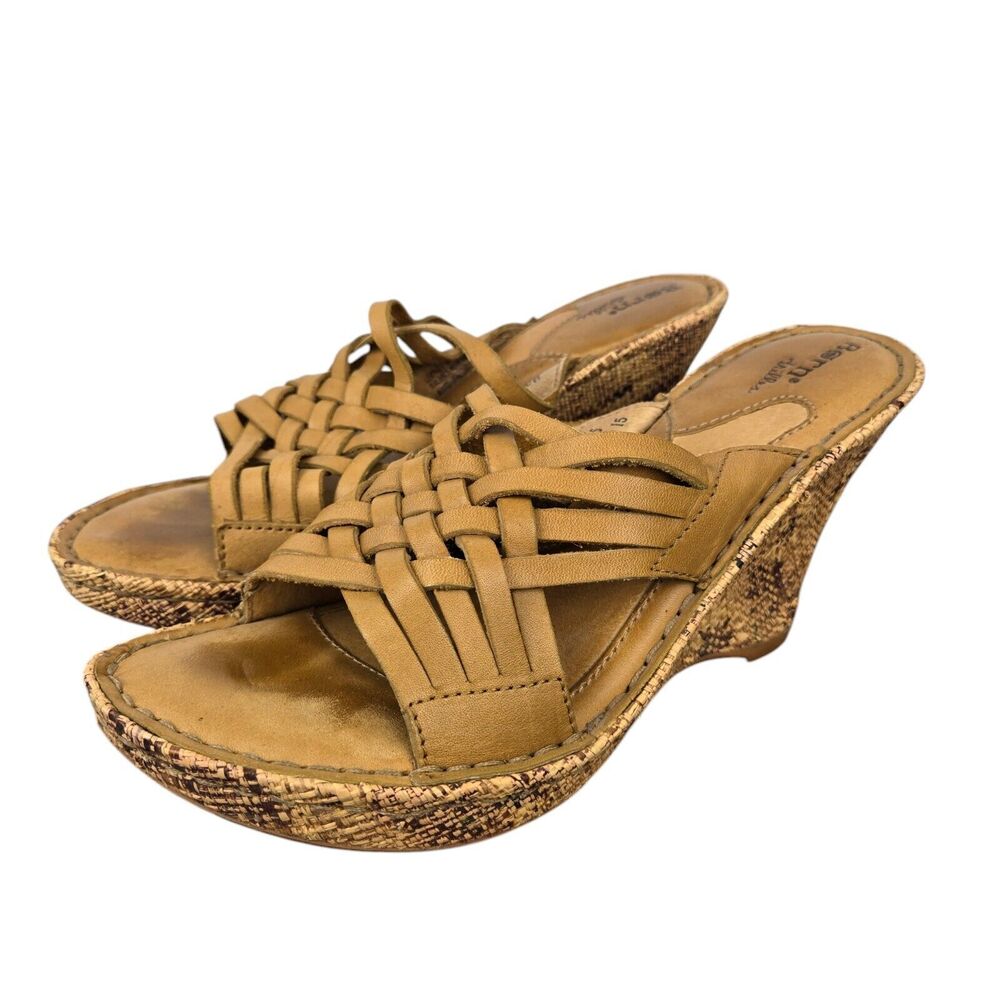 Born Drilles W2005 Women's Sz 6 Tan Leather Weave Espadrille Wedge Sandals